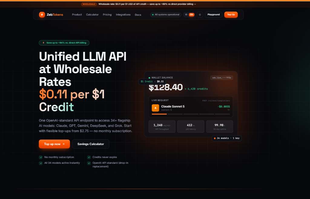 ZebTokens — Wholesale LLM API Gateway